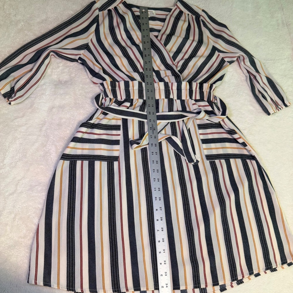 Monteau Los Angeles Striped Wrap Dress Navy Orange Cream V-Neck Pockets Large - Picture 13 of 16